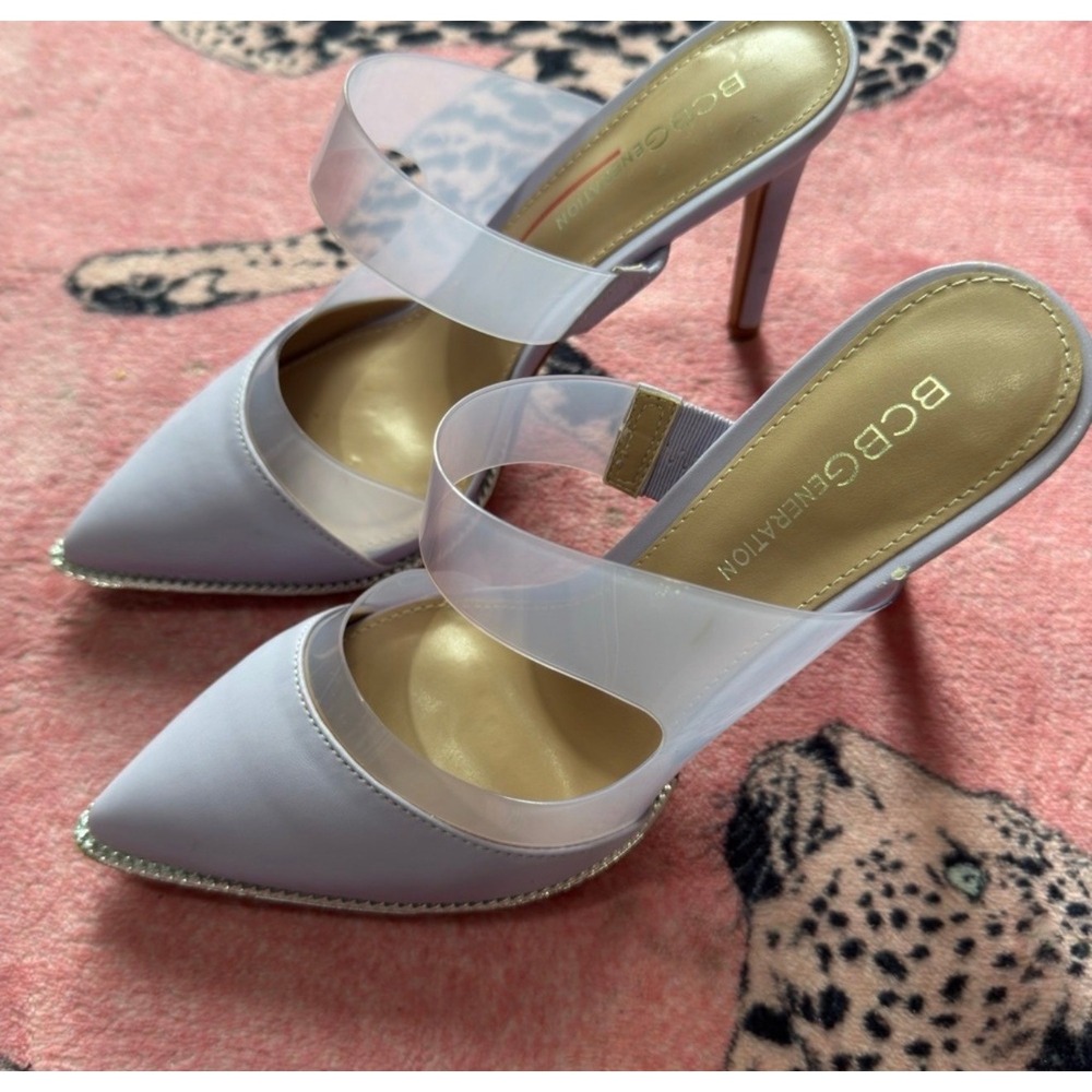 BCBGeneration  Lavender‎ Pointed Toe Mules Clear Strap Rhinestone Heels Size 6.5 - Picture 3 of 6